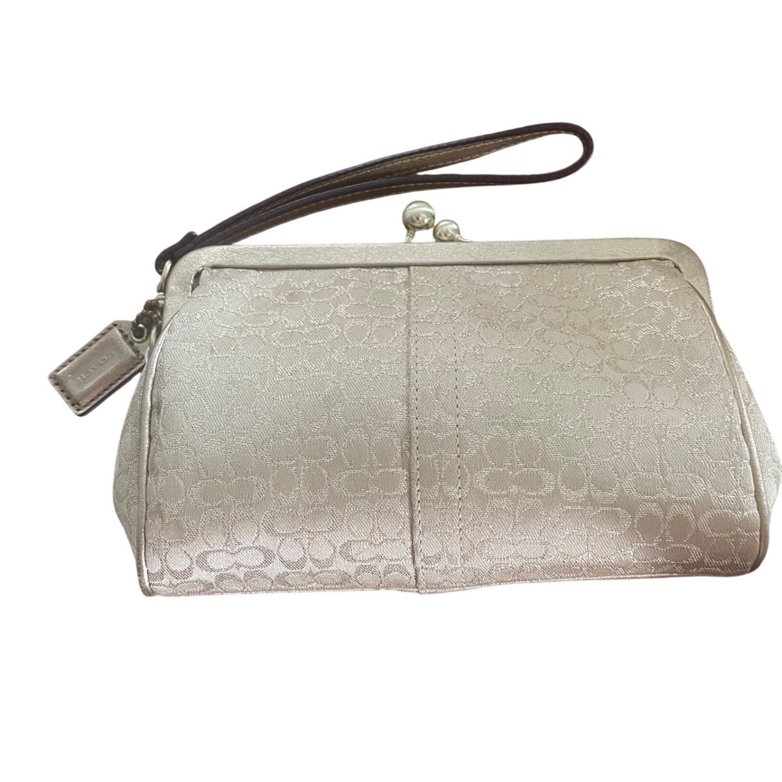 Vintage Coach Signature C Jacquard Kiss Lock Wristlet Clutch Champagne Gold Y2k